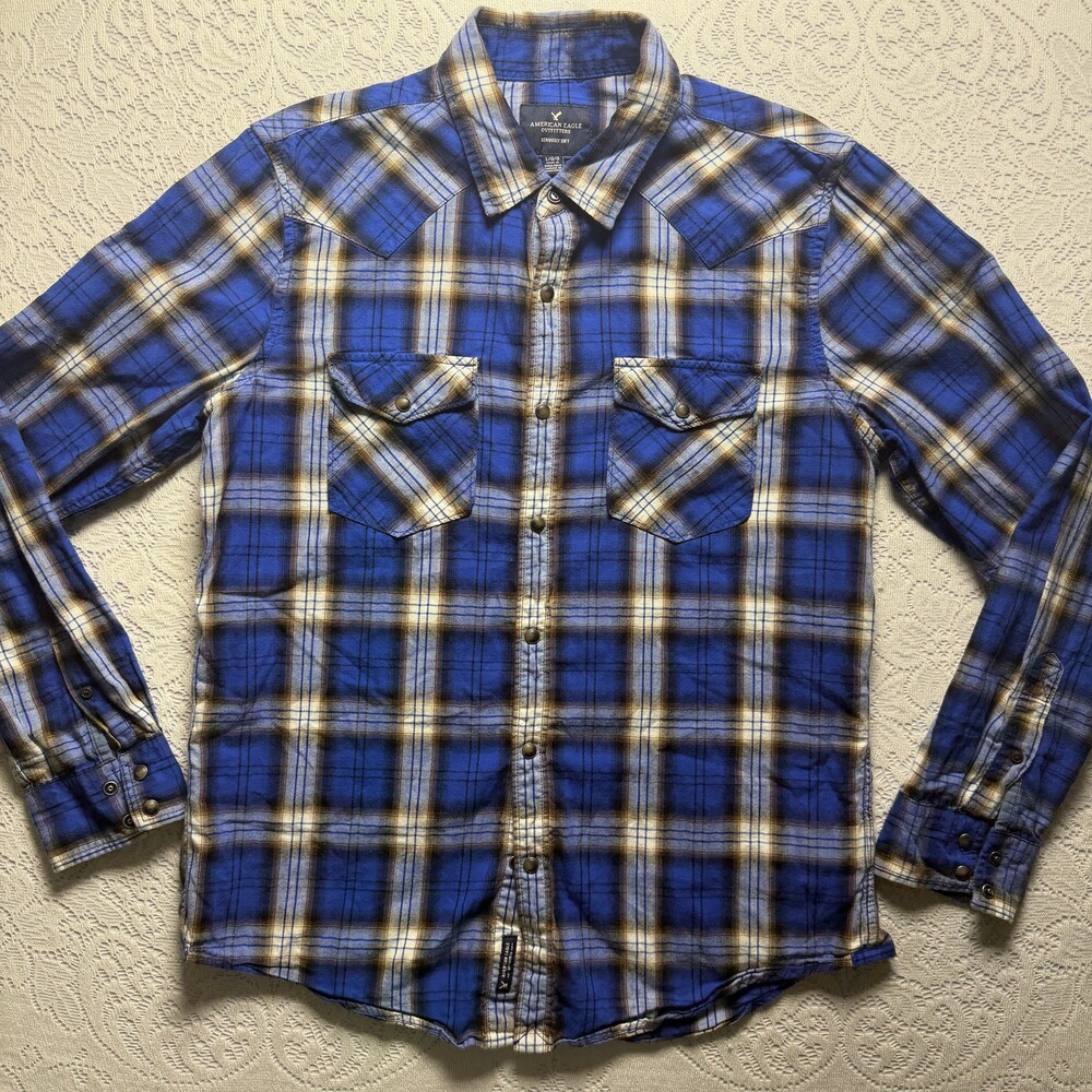 American Eagle Outfitters Flannel Shirt Mens Large Blue Plaid Snap Front Western